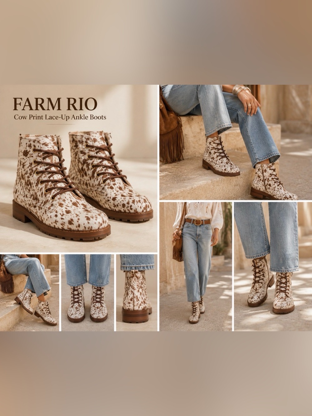 Women's Farm Rio Trekking Boots, Cow Print Lace-Up Ankle Boots, NIB, Various